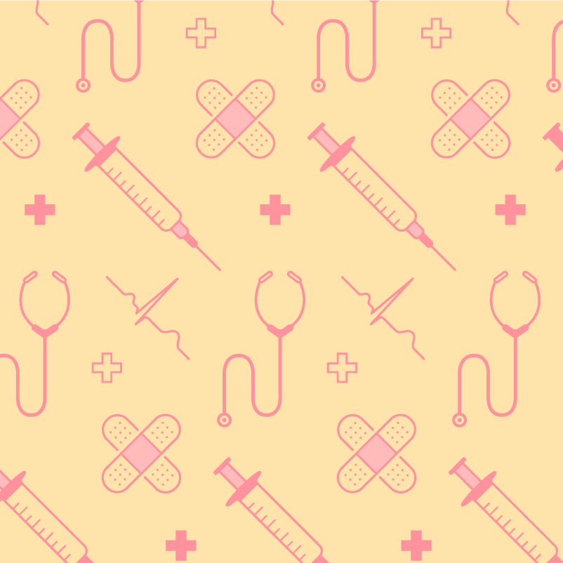 Angled pink pattern of bandaids, needles, stethoscopes, crosses and ecg lines against a yellow background.